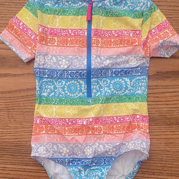 New Mini Boden rainbow short sleeved swimsuit - size 7-8.